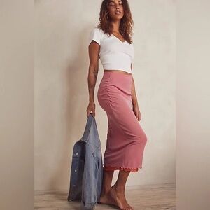 Free People Intimately Top It Off Mesh Midi Skirt Pink Ruched Sheer Small